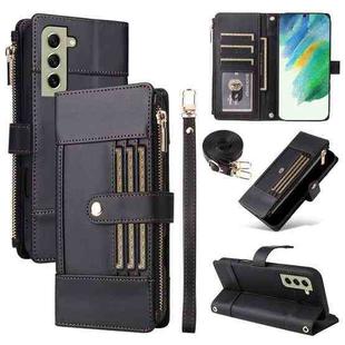 For Samsung Galaxy S21 FE 5G Crossbody Strap RFID Blocking Zipper Wallet Leather Phone Case(Black)