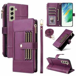 For Samsung Galaxy S21 FE 5G Crossbody Strap RFID Blocking Zipper Wallet Leather Phone Case(Purple)