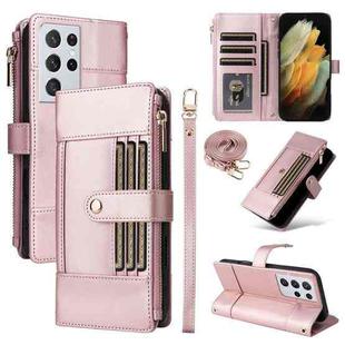 For Samsung Galaxy S21 Ultra 5G Crossbody Strap RFID Blocking Zipper Wallet Leather Phone Case(Rose Gold)