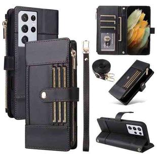 For Samsung Galaxy S21 Ultra 5G Crossbody Strap RFID Blocking Zipper Wallet Leather Phone Case(Black)