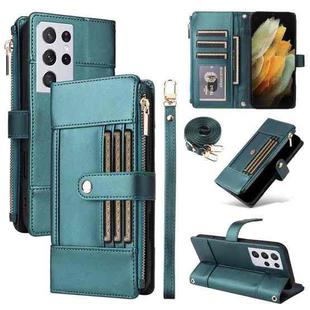 For Samsung Galaxy S21 Ultra 5G Crossbody Strap RFID Blocking Zipper Wallet Leather Phone Case(Green)