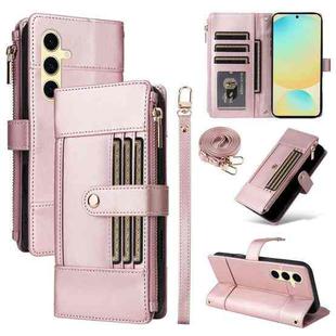 For Samsung Galaxy S23 FE 5G Crossbody Strap RFID Blocking Zipper Wallet Leather Phone Case(Rose Gold)