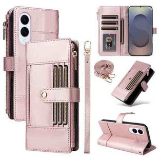 For Samsung Galaxy S25 Edge 5G Crossbody Strap RFID Blocking Zipper Wallet Leather Phone Case(Rose Gold)