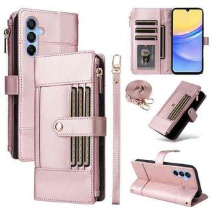 For Samsung Galaxy A15 5G Crossbody Strap RFID Blocking Zipper Wallet Leather Phone Case(Rose Gold)