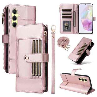 For Samsung Galaxy A55 5G Crossbody Strap RFID Blocking Zipper Wallet Leather Phone Case(Rose Gold)