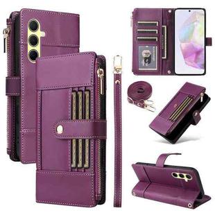 For Samsung Galaxy A55 5G Crossbody Strap RFID Blocking Zipper Wallet Leather Phone Case(Purple)