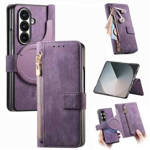 For Samsung Galax Z Fold7 5G Retro MagSafe Magnetic Zipper Wallet Leather Phone Case(Purple)