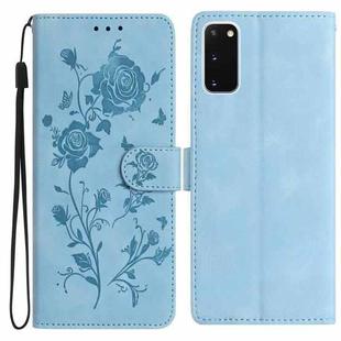 For Samsung Galaxy S20 5G Rose Flower Embossing Pattern Leather Phone Case(Sky Blue)