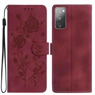 For Samsung Galaxy S20 FE 5G Rose Flower Embossing Pattern Leather Phone Case(Red)