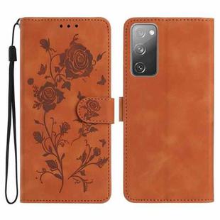 For Samsung Galaxy S20 FE 5G Rose Flower Embossing Pattern Leather Phone Case(Brown)