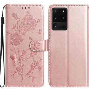 For Samsung Galaxy S20 Ultra 5G Rose Flower Embossing Pattern Leather Phone Case(Rose Gold)