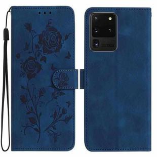 For Samsung Galaxy S20 Ultra 5G Rose Flower Embossing Pattern Leather Phone Case(Dark Blue)