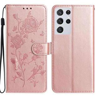 For Samsung Galaxy S21 Ultra 5G Rose Flower Embossing Pattern Leather Phone Case(Rose Gold)