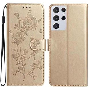 For Samsung Galaxy S21 Ultra 5G Rose Flower Embossing Pattern Leather Phone Case(Gold)