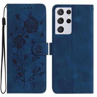 For Samsung Galaxy S21 Ultra 5G Rose Flower Embossing Pattern Leather Phone Case(Dark Blue)