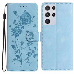 For Samsung Galaxy S21 Ultra 5G Rose Flower Embossing Pattern Leather Phone Case(Sky Blue)