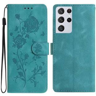 For Samsung Galaxy S21 Ultra 5G Rose Flower Embossing Pattern Leather Phone Case(Green)