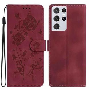 For Samsung Galaxy S21 Ultra 5G Rose Flower Embossing Pattern Leather Phone Case(Red)