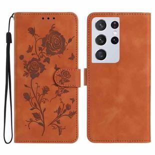 For Samsung Galaxy S21 Ultra 5G Rose Flower Embossing Pattern Leather Phone Case(Brown)