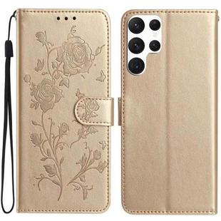 For Samsung Galaxy S22 Ultra 5G Rose Flower Embossing Pattern Leather Phone Case(Gold)