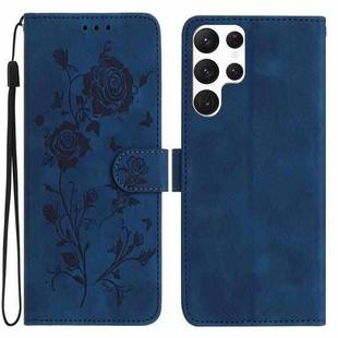 For Samsung Galaxy S22 Ultra 5G Rose Flower Embossing Pattern Leather Phone Case(Dark Blue)