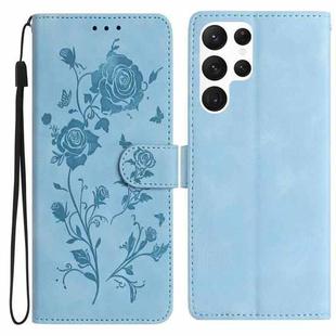 For Samsung Galaxy S22 Ultra 5G Rose Flower Embossing Pattern Leather Phone Case(Sky Blue)
