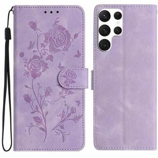 For Samsung Galaxy S22 Ultra 5G Rose Flower Embossing Pattern Leather Phone Case(Light Purple)