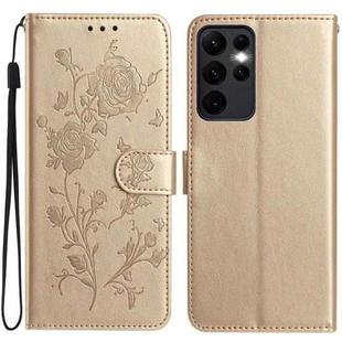 For Samsung Galaxy S23 Ultra 5G Rose Flower Embossing Pattern Leather Phone Case(Gold)