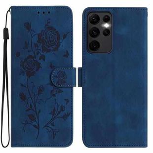 For Samsung Galaxy S23 Ultra 5G Rose Flower Embossing Pattern Leather Phone Case(Dark Blue)