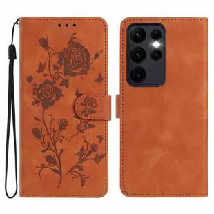 For Samsung Galaxy S23 Ultra 5G Rose Flower Embossing Pattern Leather Phone Case(Brown)
