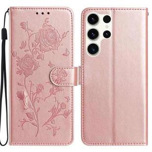 For Samsung Galaxy S25 Ultra 5G Rose Flower Embossing Pattern Leather Phone Case(Rose Gold)