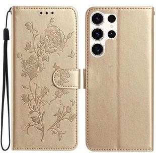 For Samsung Galaxy S25 Ultra 5G Rose Flower Embossing Pattern Leather Phone Case(Gold)