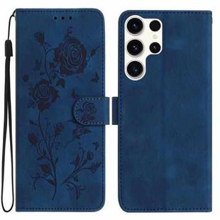 For Samsung Galaxy S25 Ultra 5G Rose Flower Embossing Pattern Leather Phone Case(Dark Blue)