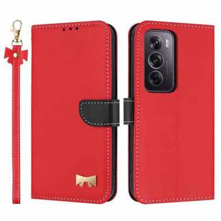 For OPPO Reno12 Pro 5G Metal Bow Leather Phone Case with Hand Strap(Red)