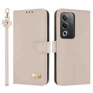 For OPPO A5 5G Global / A3 4G Global Metal Bow Leather Phone Case with Hand Strap(Apricot)