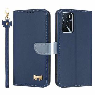 For OPPO A16 Metal Bow Leather Phone Case with Hand Strap(Dark Blue)
