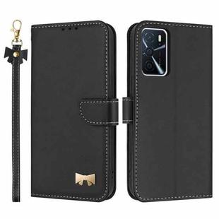 For OPPO A16 Metal Bow Leather Phone Case with Hand Strap(Black)