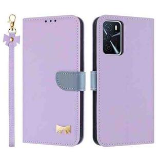 For OPPO A16 Metal Bow Leather Phone Case with Hand Strap(Purple)