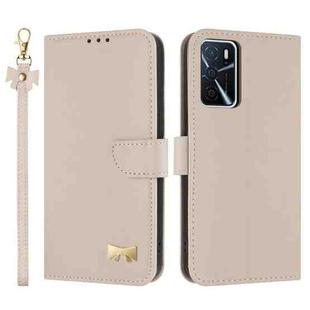 For OPPO A16 Metal Bow Leather Phone Case with Hand Strap(Apricot)