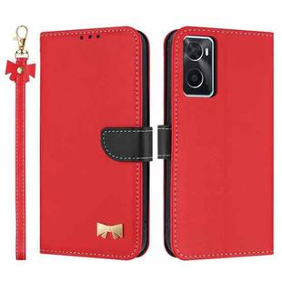 For OPPO A36 4G / A76 / A96 Metal Bow Leather Phone Case with Hand Strap(Red)