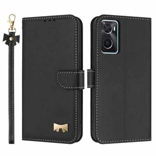 For OPPO A36 4G / A76 / A96 Metal Bow Leather Phone Case with Hand Strap(Black)