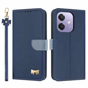 For OPPO A40 4G Global / A60 Metal Bow Leather Phone Case with Hand Strap(Dark Blue)