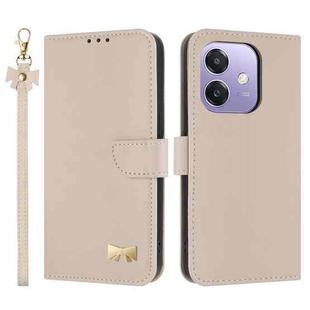 For OPPO A40 4G Global / A60 Metal Bow Leather Phone Case with Hand Strap(Apricot)