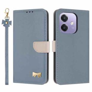 For OPPO A40 4G Global / A60 Metal Bow Leather Phone Case with Hand Strap(Light Blue)