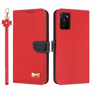 For OPPO A55s 5G Japan Metal Bow Leather Phone Case with Hand Strap(Red)