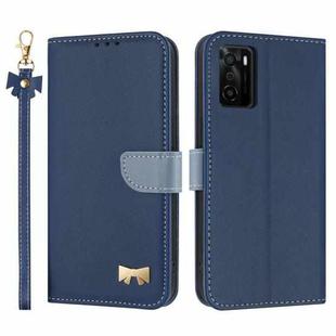 For OPPO A55s 5G Japan Metal Bow Leather Phone Case with Hand Strap(Dark Blue)