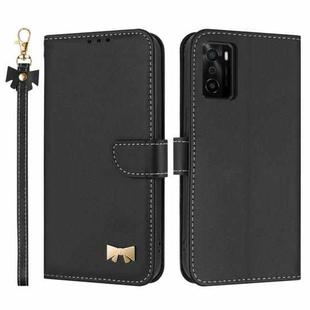 For OPPO A55s 5G Japan Metal Bow Leather Phone Case with Hand Strap(Black)