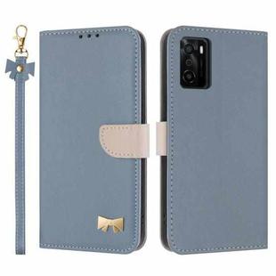 For OPPO A55s 5G Japan Metal Bow Leather Phone Case with Hand Strap(Light Blue)