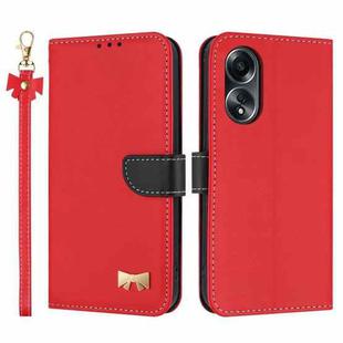 For OPPO A58 4G Global Metal Bow Leather Phone Case with Hand Strap(Red)