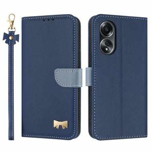 For OPPO A58 4G Global Metal Bow Leather Phone Case with Hand Strap(Dark Blue)